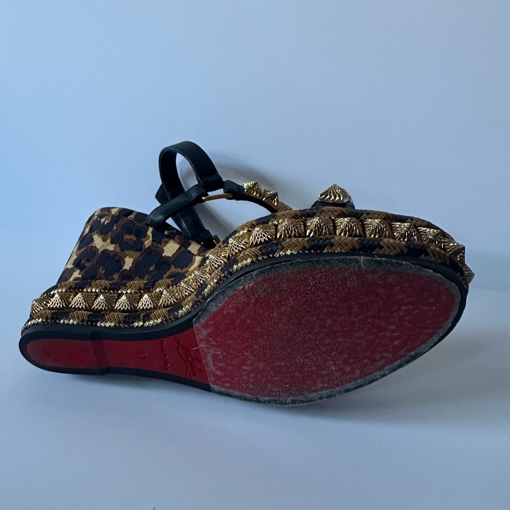 Leopard Print Wedge Sandals with Gold Embellishment - Black & Gold - Picture 8 of 12